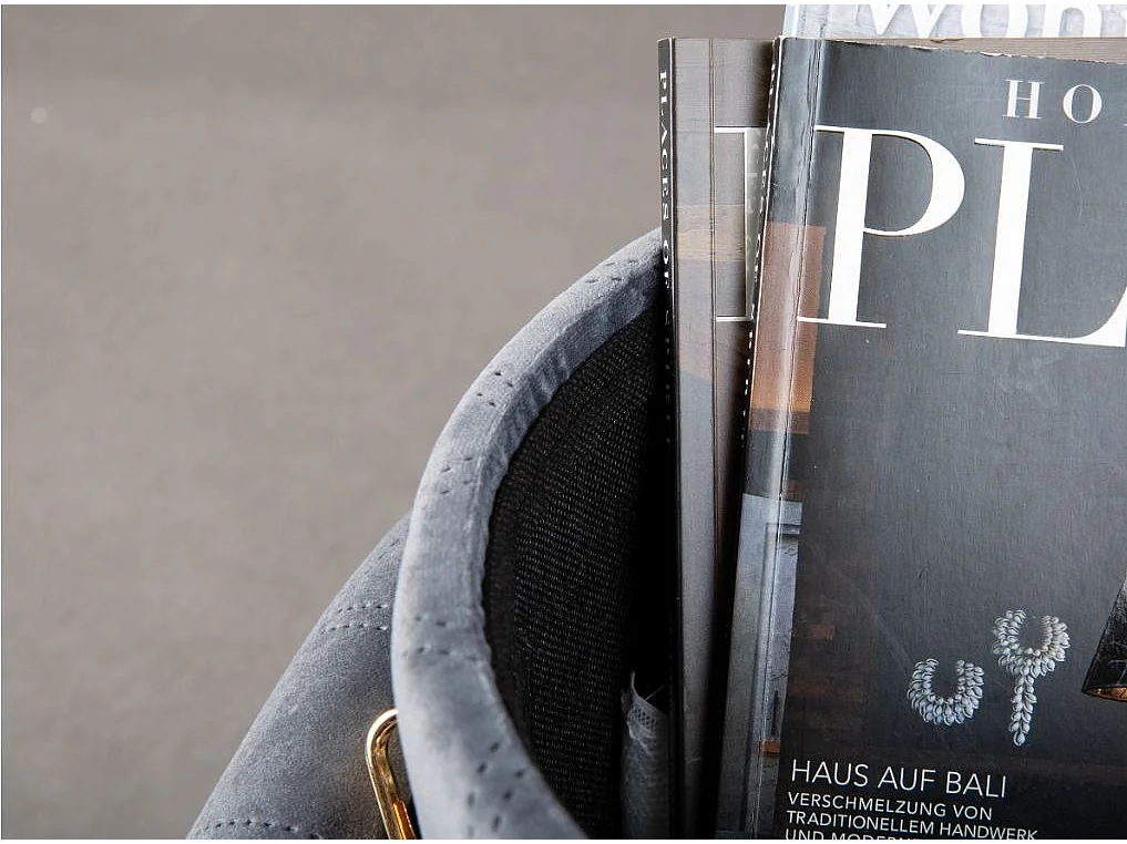 Ronde grijze fluwelen poef met kunstleren band Valentin