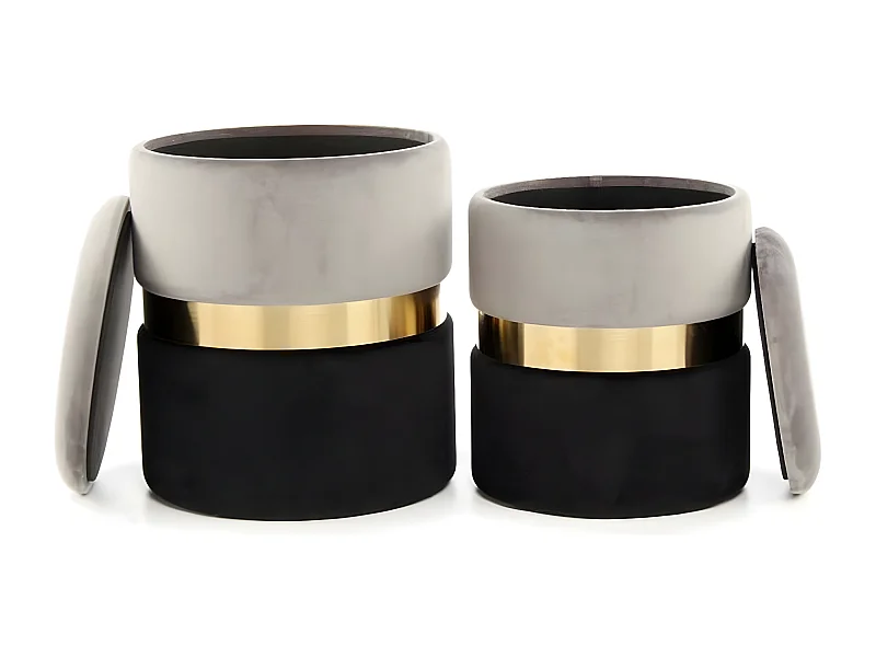Lot de 2 Poufs Ronds Velours "Zora" Gris & Noir