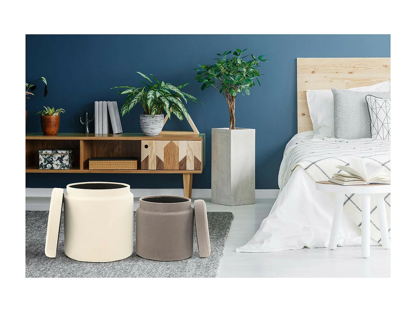 Lot de 2 Poufs & Coffres de Rangement "Zora" 44cm Ivoire & Taupe