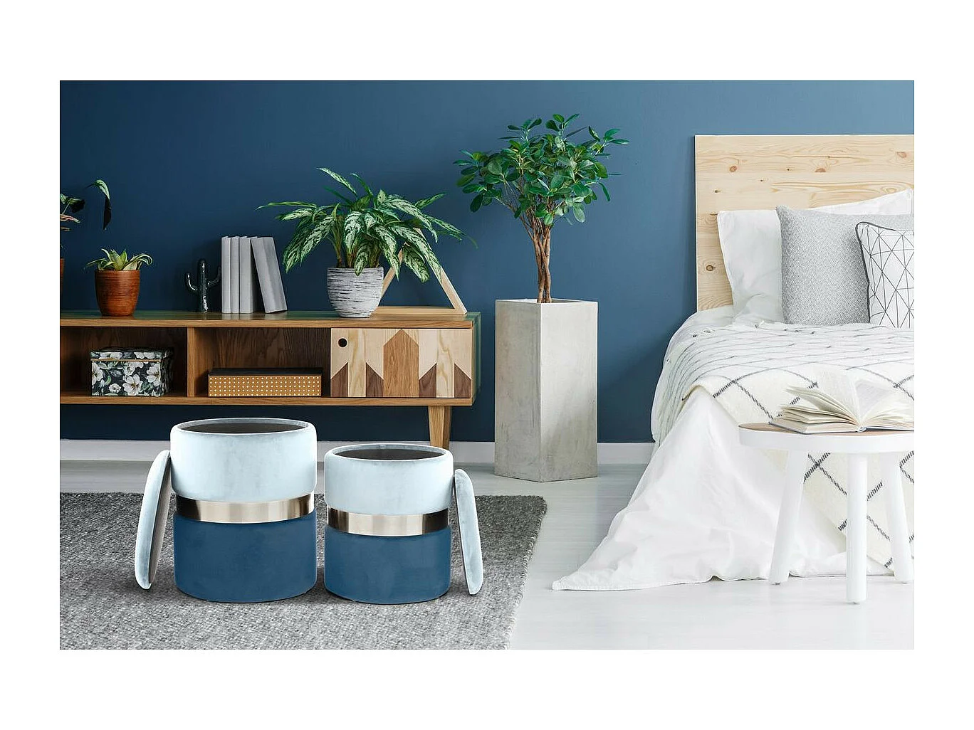 Lot de 2 Poufs & Coffres de Rangement "Zora" 44cm Bleu