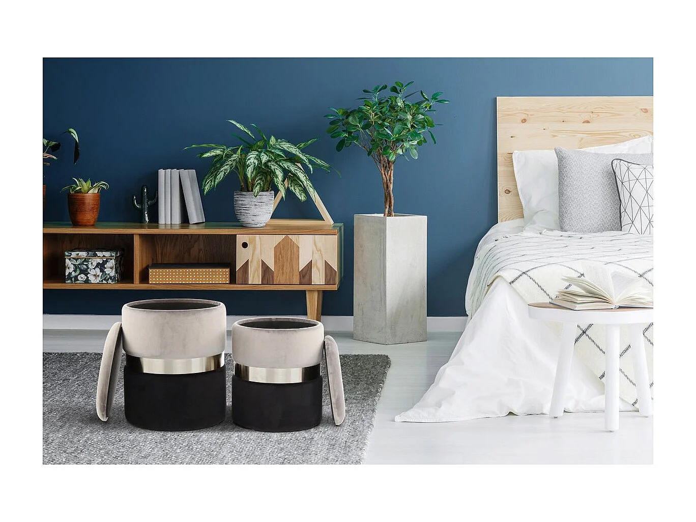 Lot de 2 Poufs & Coffres de Rangement "Zora" 44cm Gris & Noir