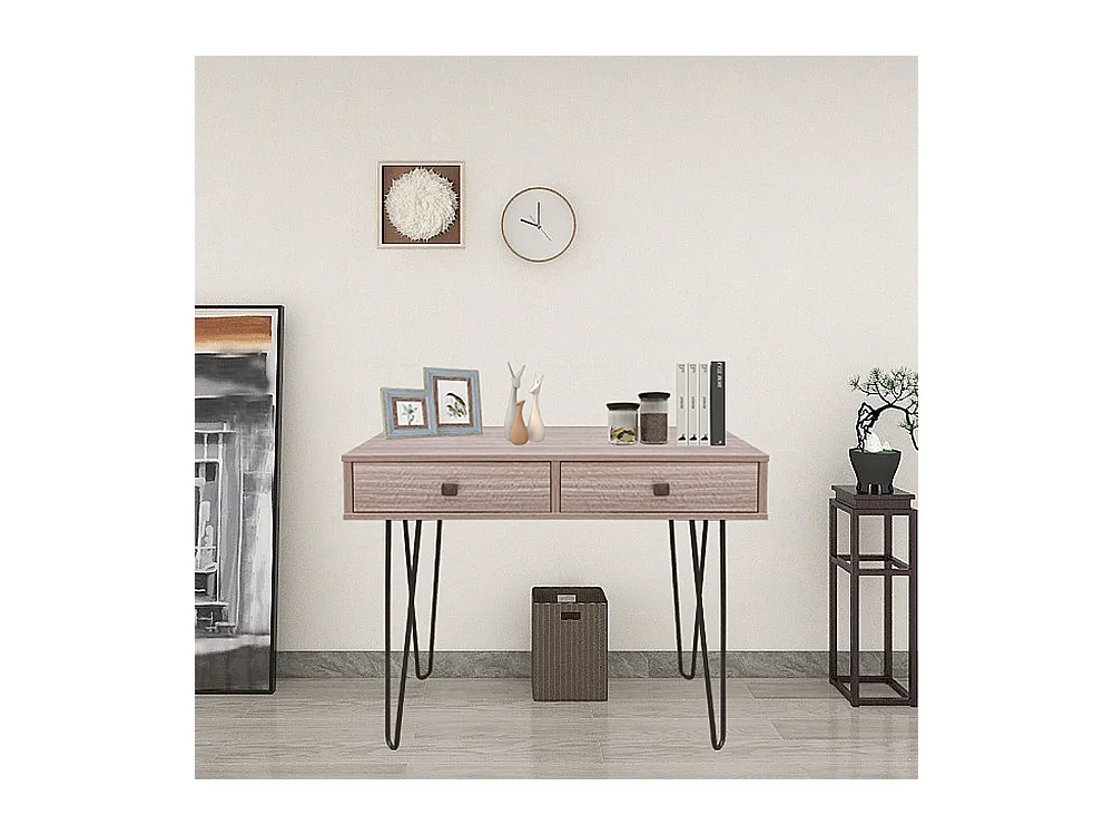 Schreibtisch - Schminktisch in Nussbaum / Schwarz mit 2 Schubladen und Metallbeinen, 80x40 cm - ORIANIS