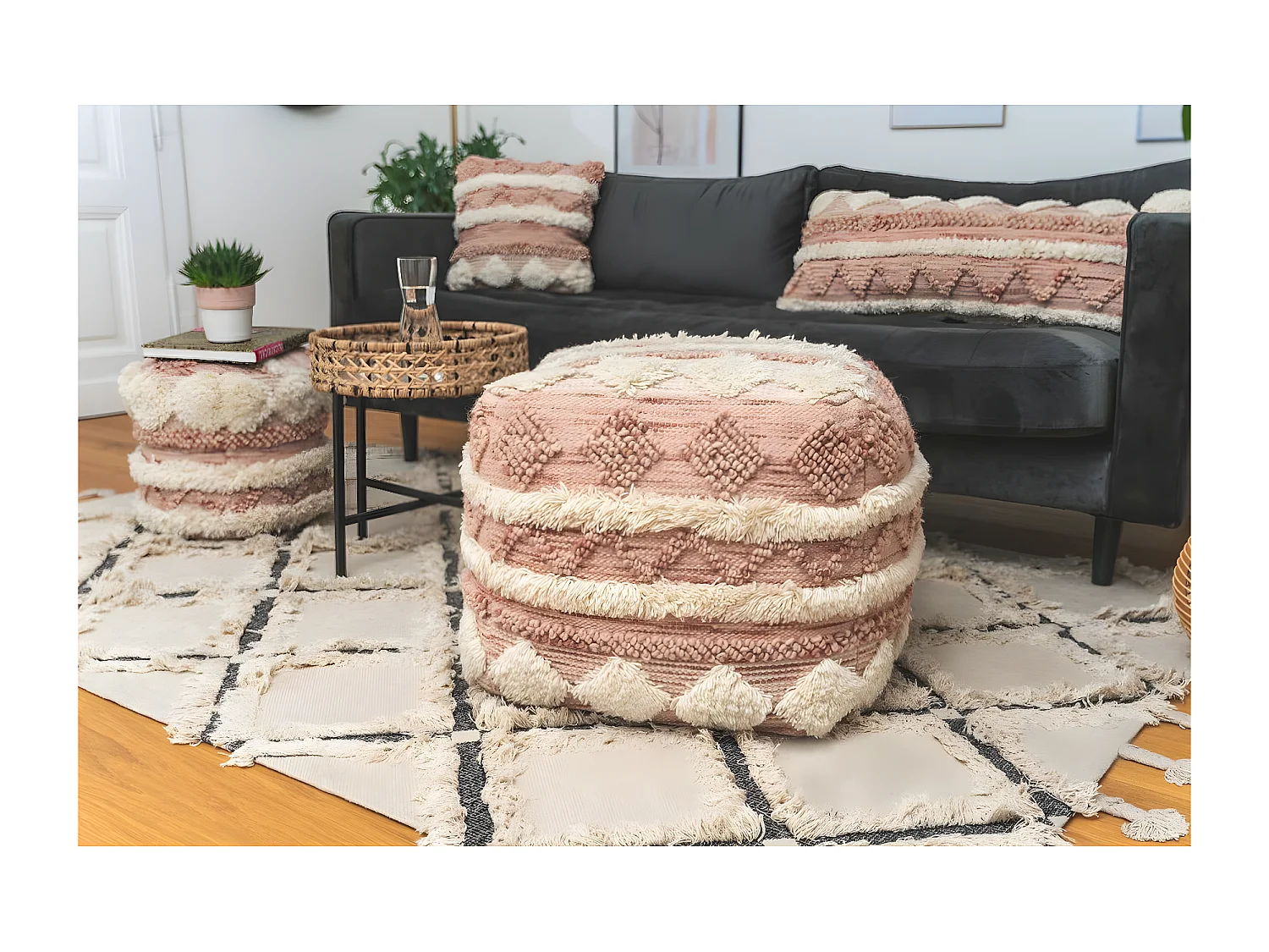 Pouf Bohème Fait à la Main "Bohist" 50cm Rose & Crème