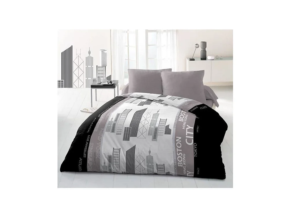 Parure de couette Microfibre DISTRICT - 1 housse de couette 220x240 cm + 2 taies 63x63 cm - Gris et Noir
