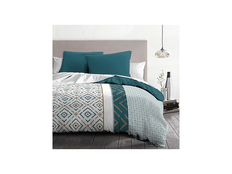 Parure de couette microfibre Ethno - 1 housse de couette 240x260 cm + 2 taies d'oreiller 63x63 cm - Bleu Canard - HOME LINGE PAS