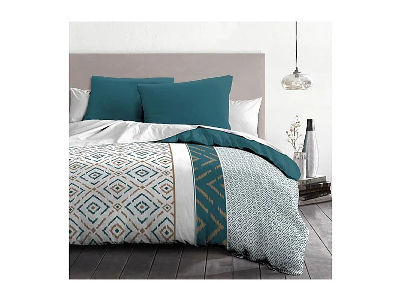 Parure de couette microfibre Ethno - 1 housse de couette 240x260 cm + 2 taies d'oreiller 63x63 cm - Bleu Canard - HOME LINGE PAS