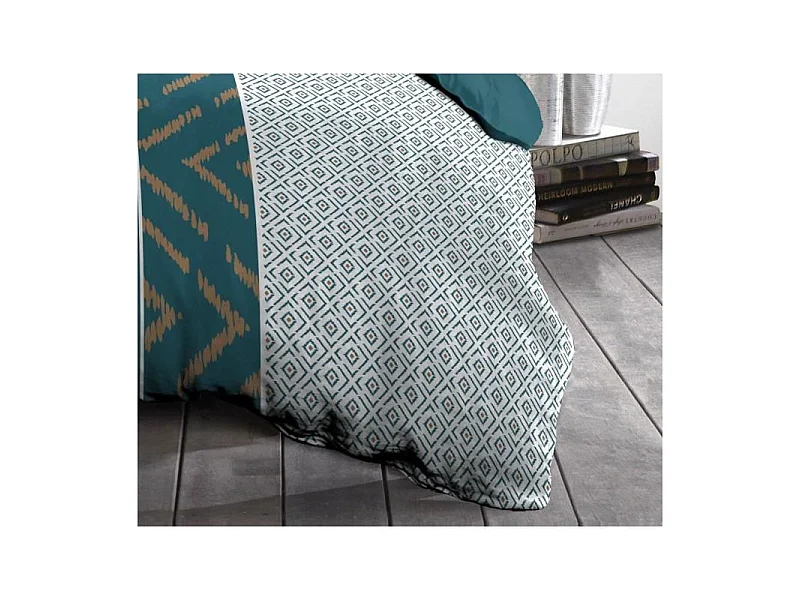 Conjunto de Capa de Edredão em Microfibra - Padrão Geométrico Teal - 240x260 cm + 2 Fronhas 63x63 cm