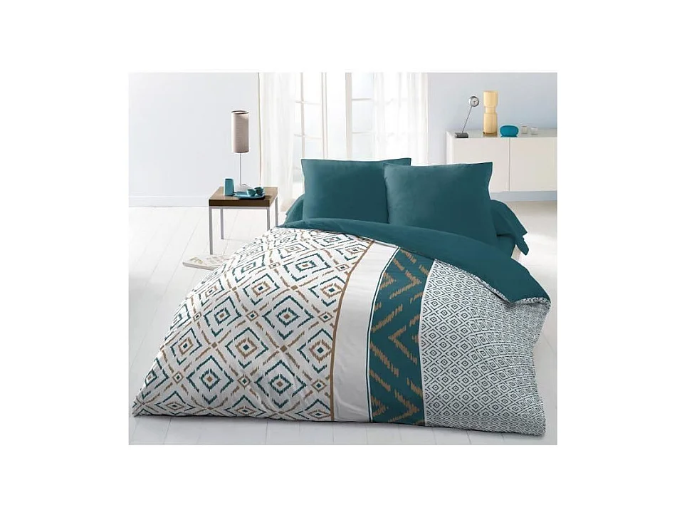 Parure de couette Microfibre ETHNO 220x240cm et 2 taies d'oreillers 63x63cm Bleu Canard