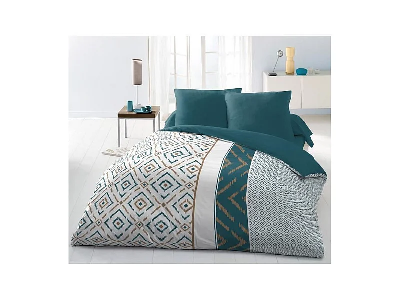 Conjunto de Cama de Microfibra 220x240cm com 2 Fronhas 63x63cm Padrão Geométrico em Turquesa