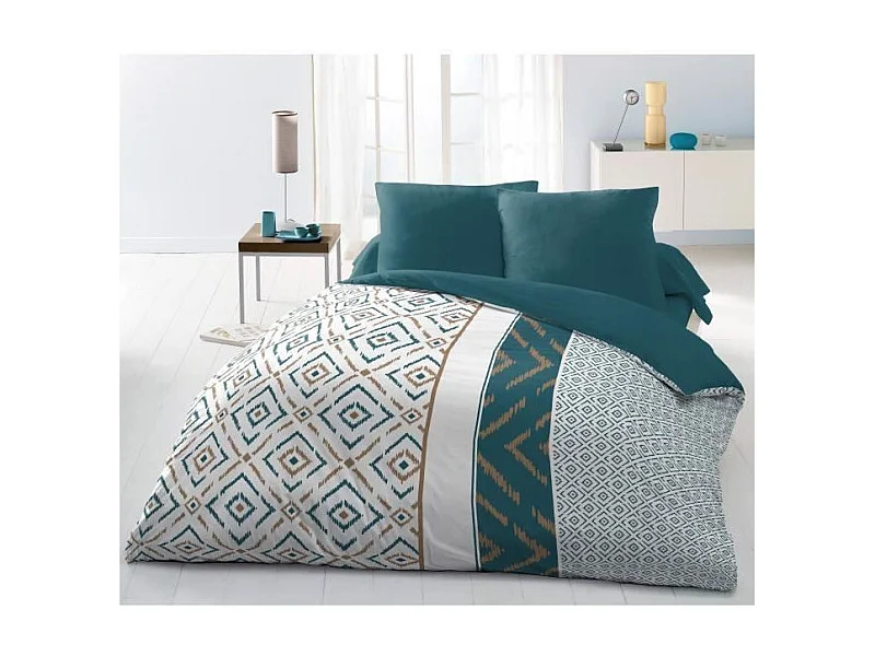 Parure de couette Microfibre ETHNO 220x240cm et 2 taies d'oreillers 63x63cm Bleu Canard