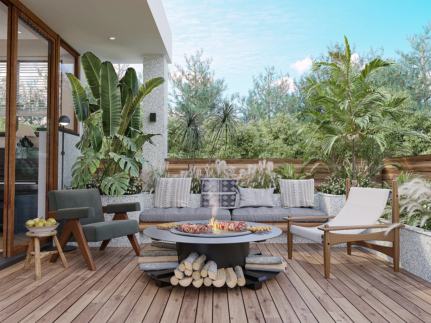 Vuurkorf-plancha/grill met bergruimte voor hout - L120 x B120,5 x H40 cm - BARCENA