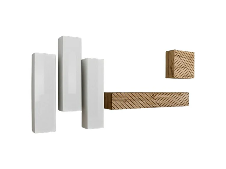 Ensemble meuble salon SWITCH III design, coloris chêne et blanc. Finitions effet chêne fraisé et brillant.