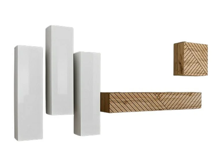 Conjunto de móveis para sala de estar SWITCH III design, cores carvalho e branco. Acabamentos em efeito carvalho fresado e brilhante.