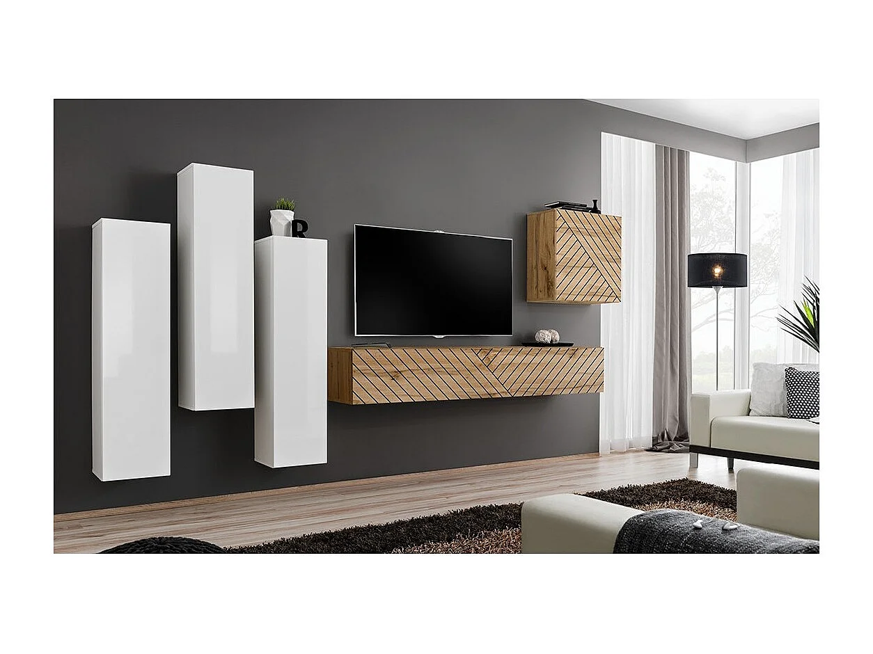 Conjunto de móveis para sala de estar SWITCH III design, cores carvalho e branco. Acabamentos em efeito carvalho fresado e brilhante.