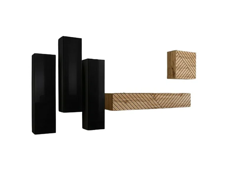 Ensemble meuble salon SWITCH III design, coloris noir et chêne. Finitions brillant et effet chêne fraisé.