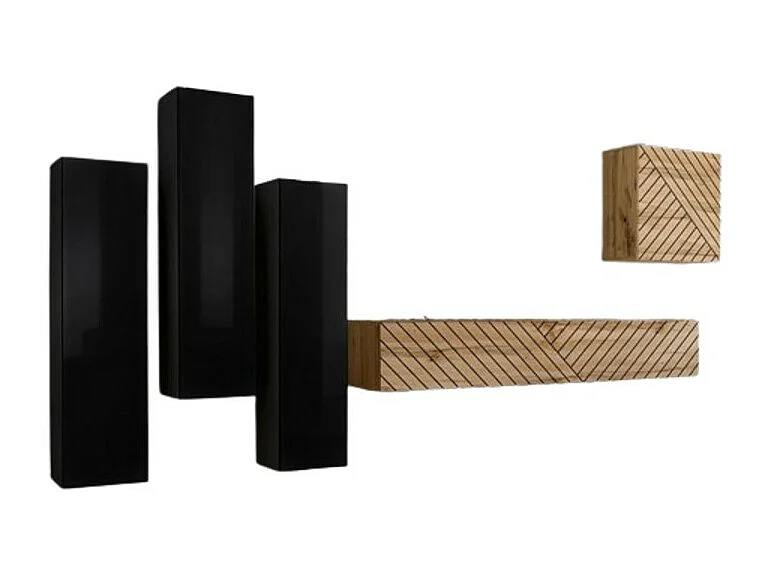 Ensemble meuble salon SWITCH III design, coloris noir et chêne. Finitions brillant et effet chêne fraisé.