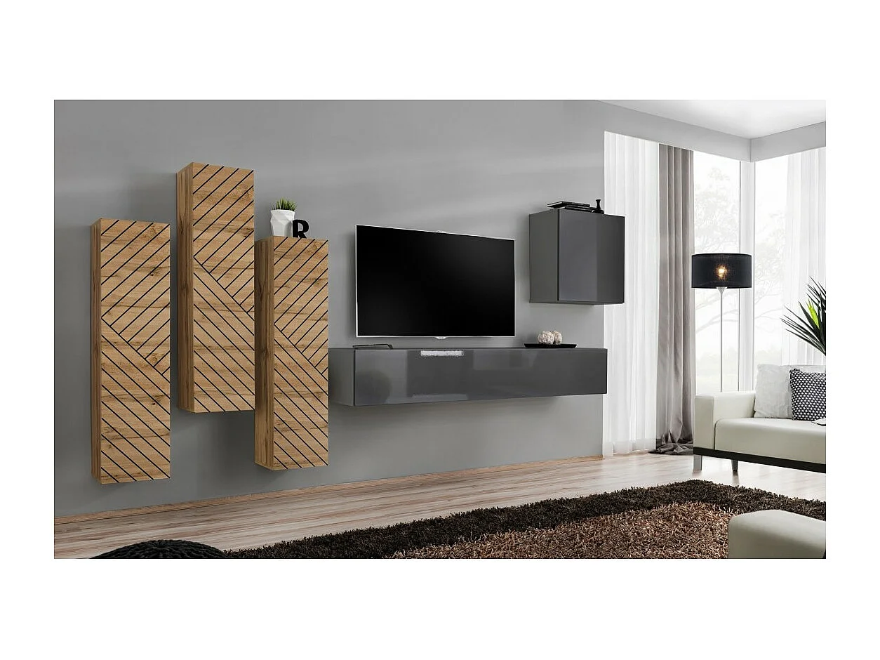 Ensemble meuble salon SWITCH III – Chêne et Gris – Finitions effet chêne fraisé et brillant – Design moderne
