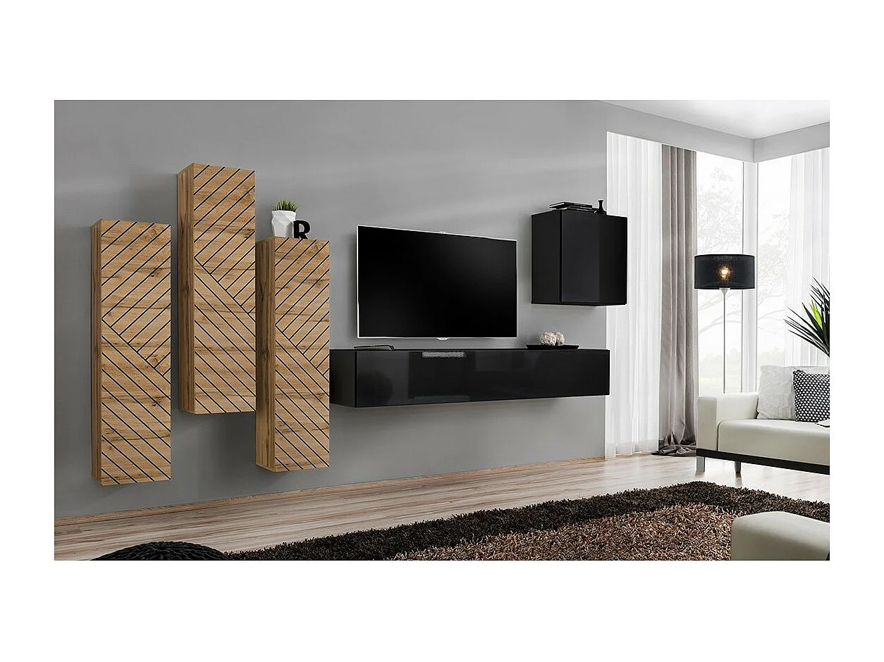 Conjunto de móveis para sala SWITCH III design, nas cores carvalho e preto. Acabamentos em efeito carvalho fresado e brilhante.