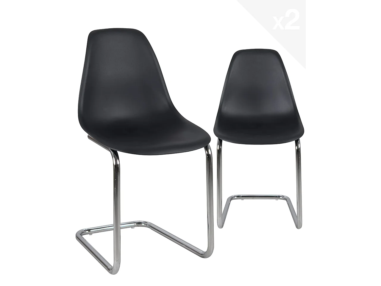 Lote de 2 sillas de visita diseño vintage retro, asiento de plástico flexible, patas de cromo MEO (negro)
