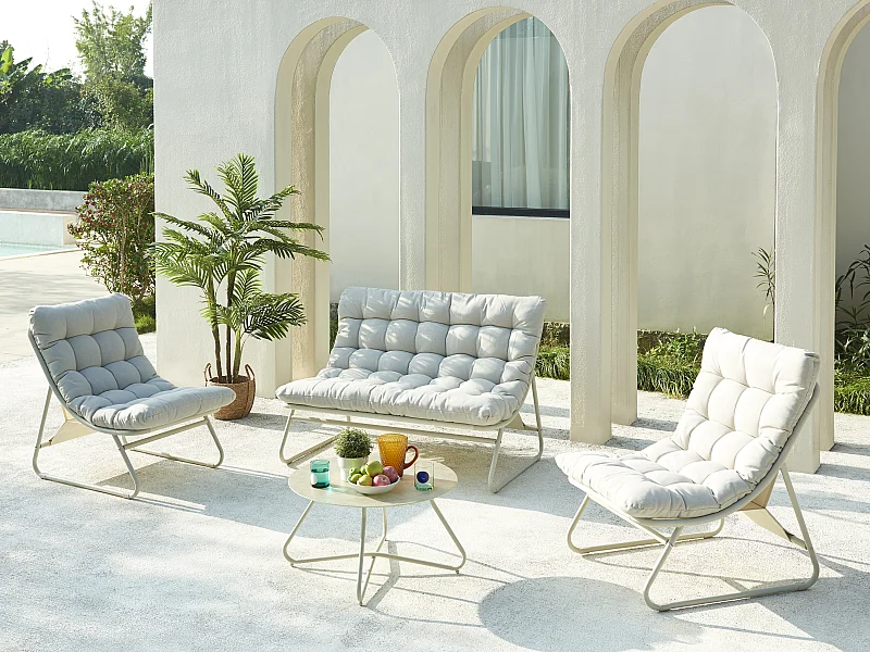 Salon de jardin en acier : 1 canapé 2 places, 2 fauteuils et 1 table basse - Beige - OLIVAN de MYLIA