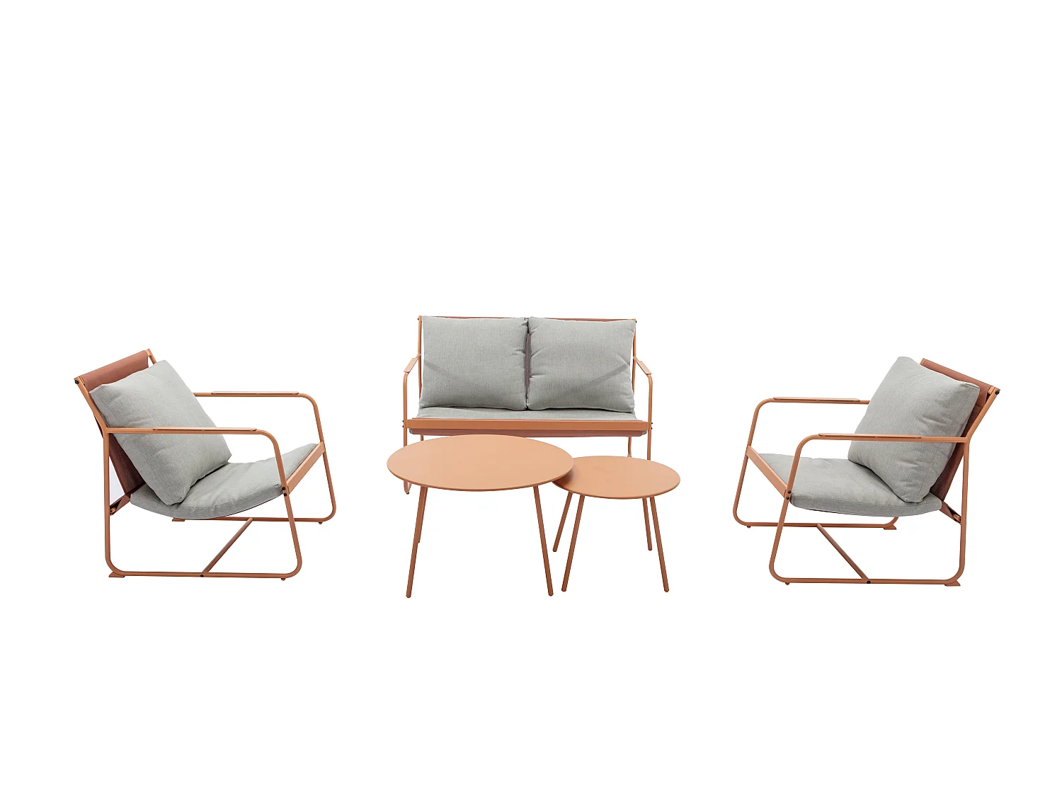 Conjunto de jardín de acero: 1 sofá de 2 plazas, 2 sillones y 2 mesas bajas - Naranja y cojines grises - LASIMO de MYLIA