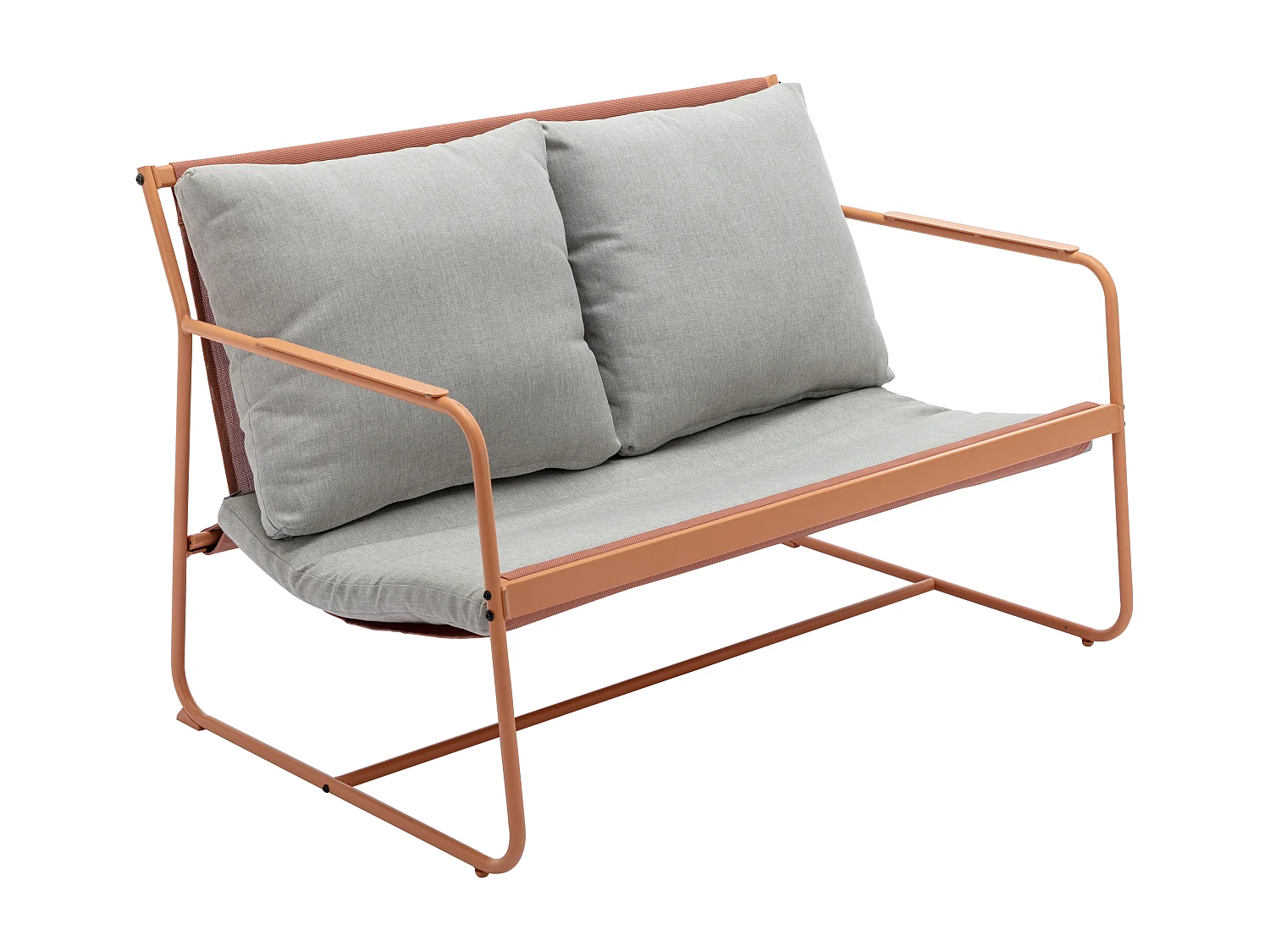 Conjunto de jardín de acero: 1 sofá de 2 plazas, 2 sillones y 2 mesas bajas - Naranja y cojines grises - LASIMO de MYLIA