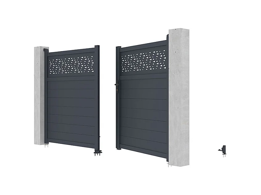 Vleugelpoort in aluminium met deels motieven L355 x H182 cm donkergrijs - BAZIO