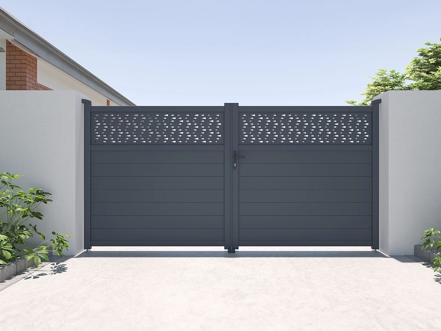 Cancello a battente L355 x H181 cm Alluminio semi pieno con motivi Antracite  - BAZIO