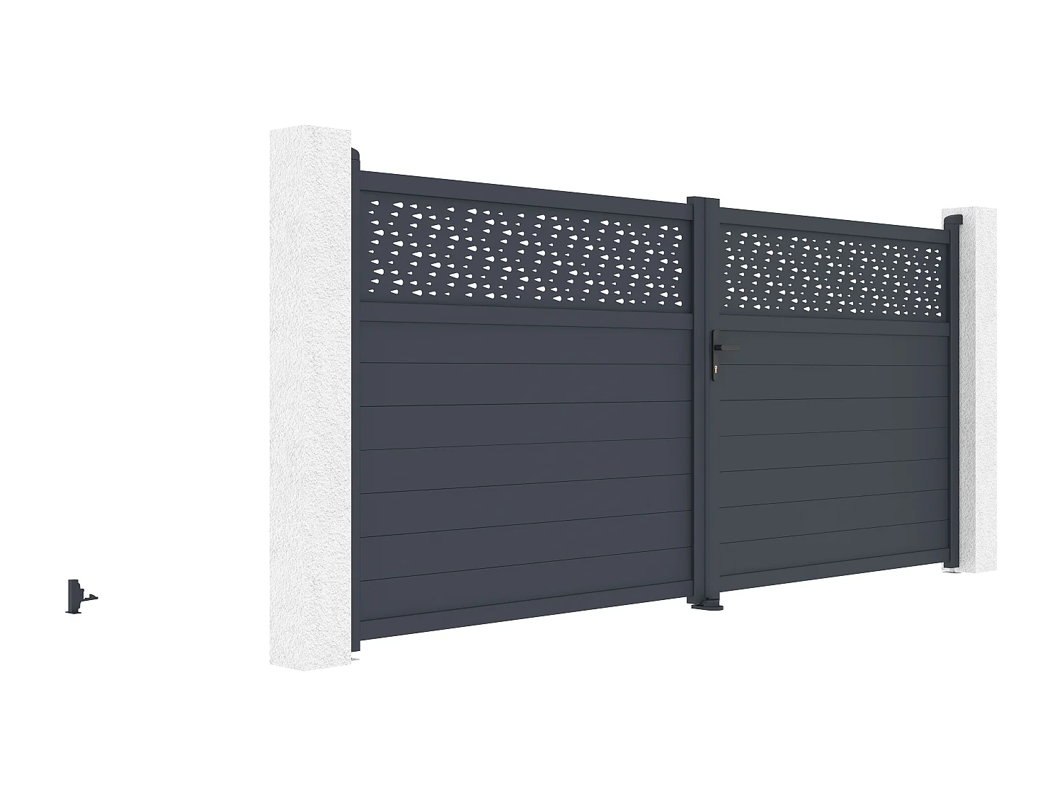 Portail battant aluminium semi plein à motifs L397 x H181 cm anthracite - BAZIO