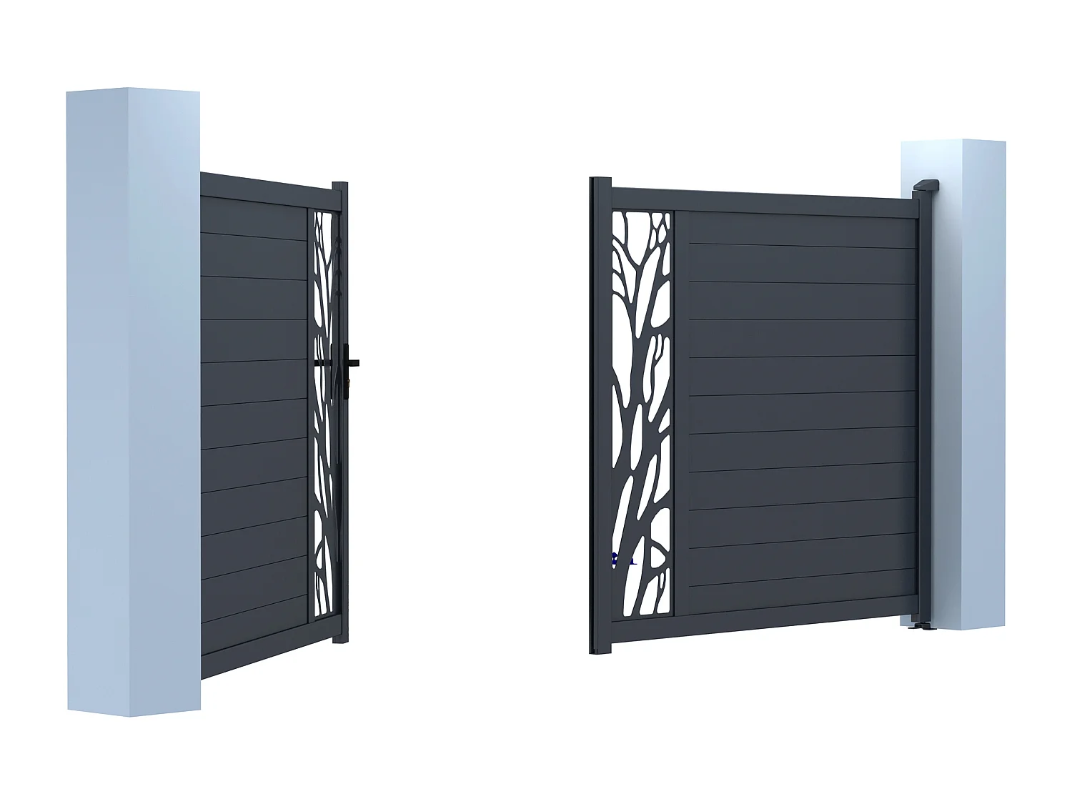 Opendraaiende, half opengewerkte aluminium tuinpoort met motieven L400 x H179 cm donkergrijs in kit LABRIT II