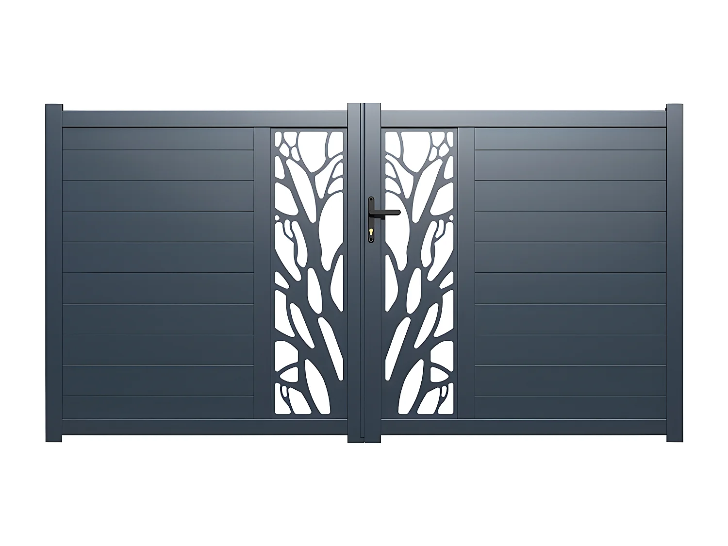 Opendraaiende, half opengewerkte aluminium tuinpoort met motieven L400 x H179 cm donkergrijs in kit LABRIT II