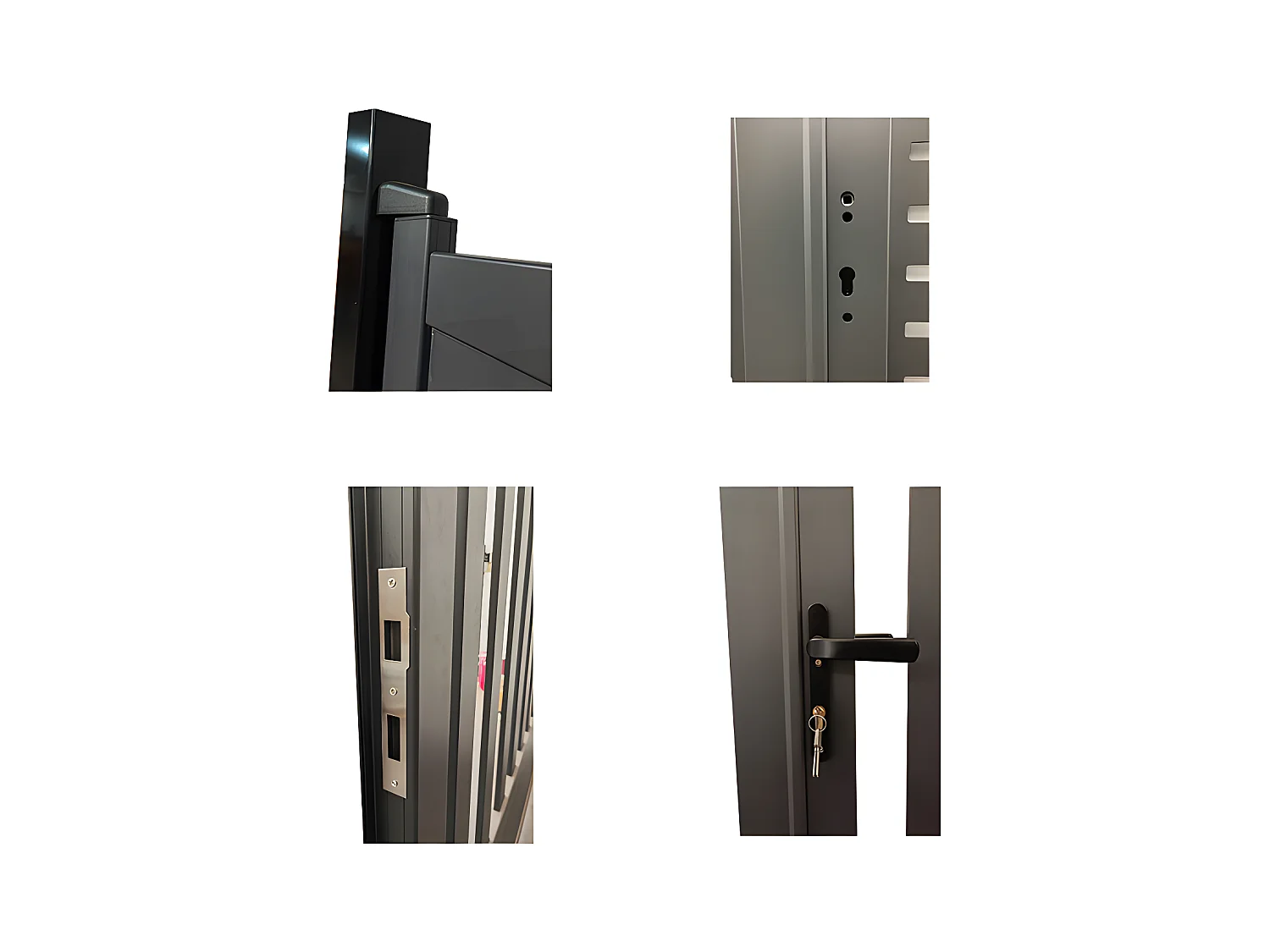 Opendraaiende, half opengewerkte aluminium tuinpoort met motieven L400 x H179 cm donkergrijs in kit LABRIT II