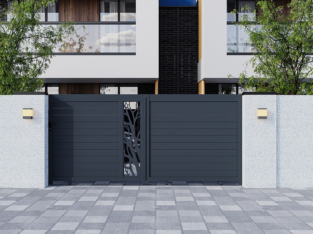 Gartentor Schiebetor - 400 x 187 cm - Aluminium - halb durchbrochen - Muster - Anthrazit - LABRIT II