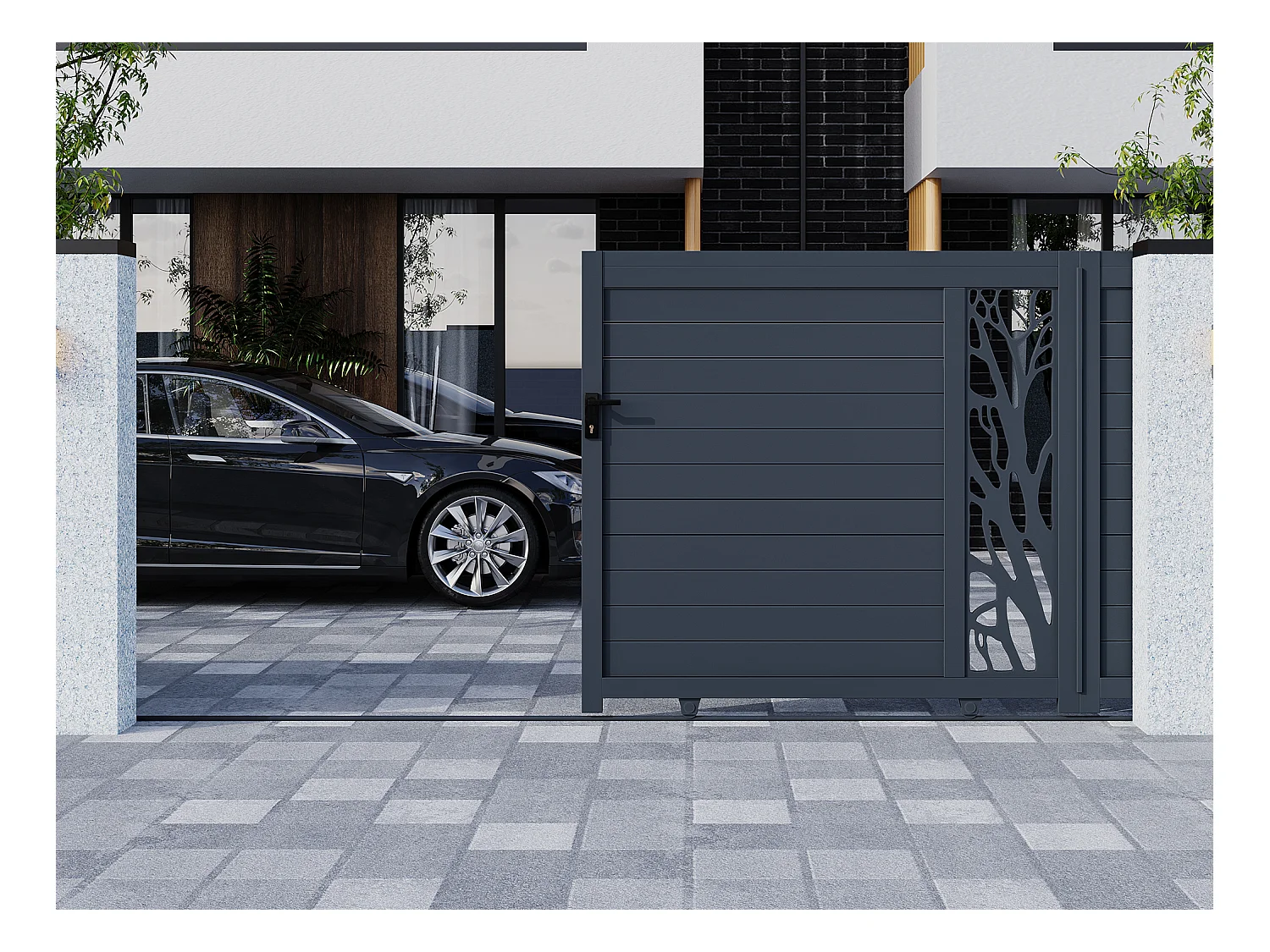 Portail coulissant aluminium semi ajouré à motifs L400 x H187 cm anthracite LABRIT II
