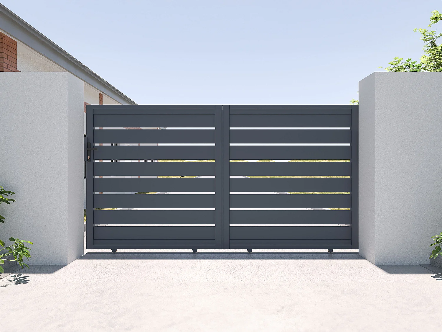 Schuifpoort in opengewerkt aluminium L324 x H165 cm donkergrijs - PRIMO