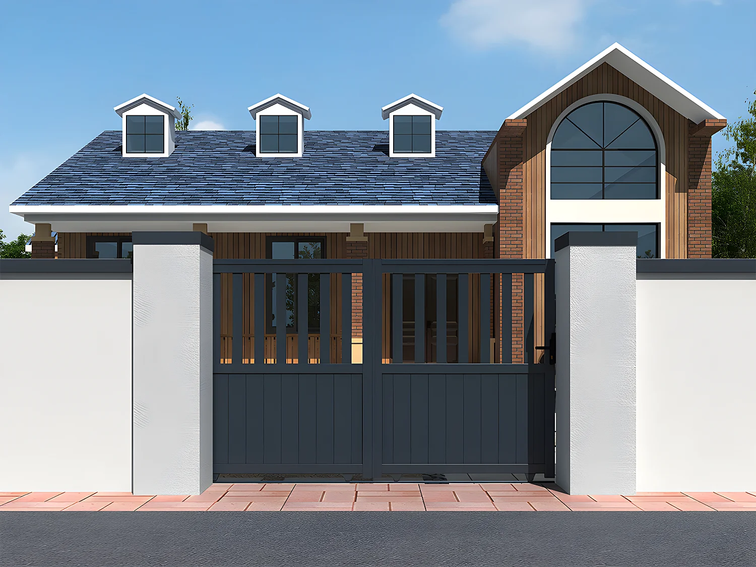 Schuivende, half opengewerkte aluminium tuinpoort L314 x H140 cm donkergrijs in kit TARNOS II