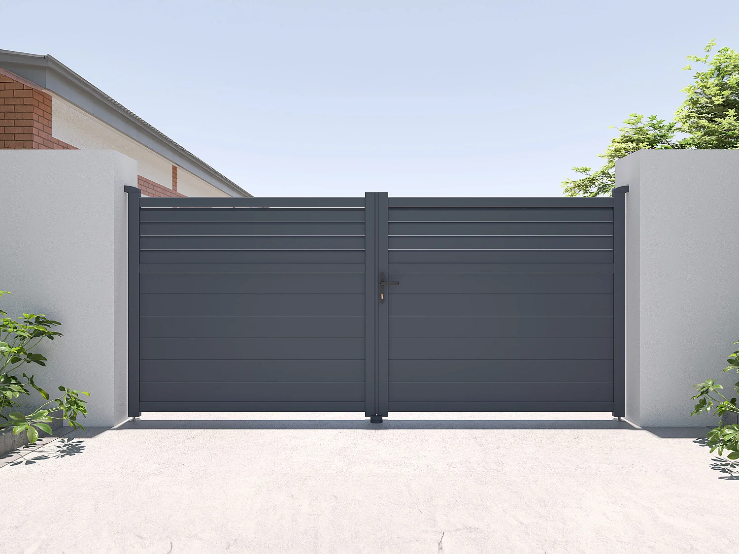 Portail battant aluminium persienné L355 x H166 cm anthracite - VIAZO