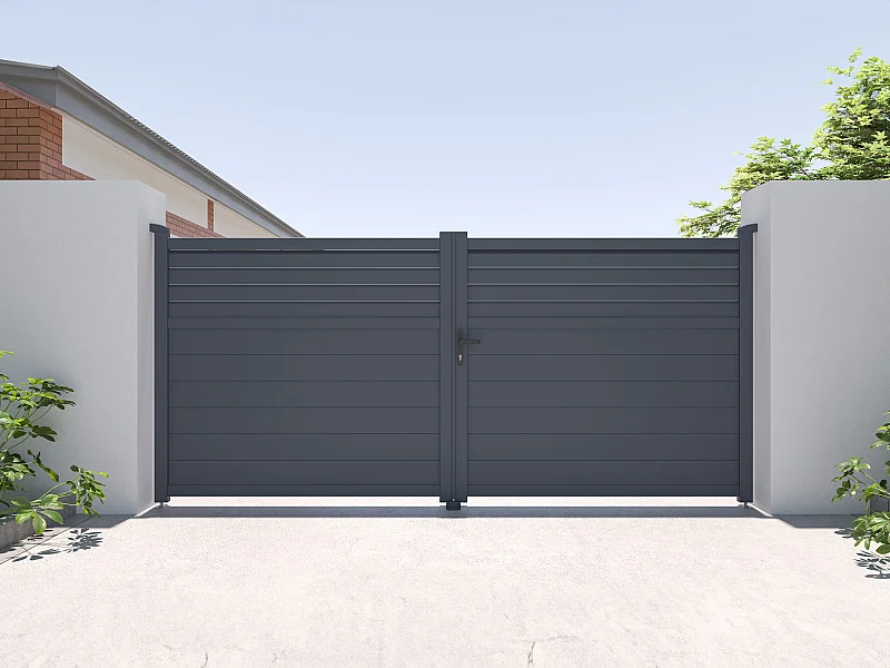 Brama rozwierna żaluzjowa z antracytowego aluminium szer. 355 x wys. 166 cm - VIAZO