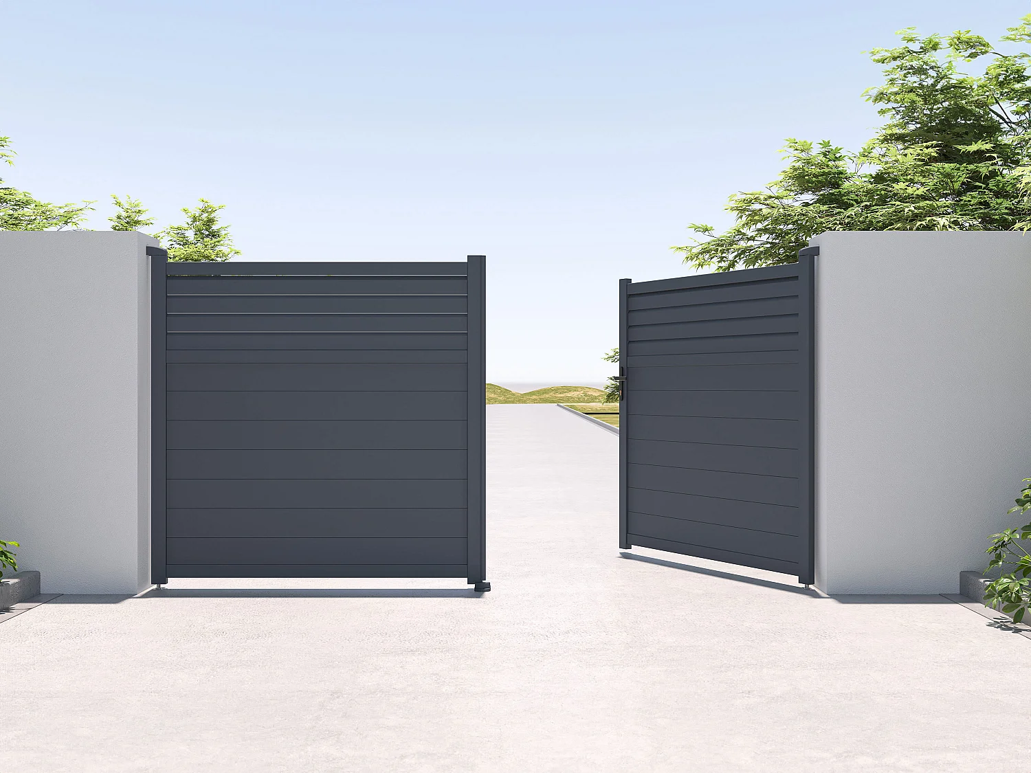 Brama rozwierna żaluzjowa z antracytowego aluminium szer. 355 x wys. 181 cm - VIAZO