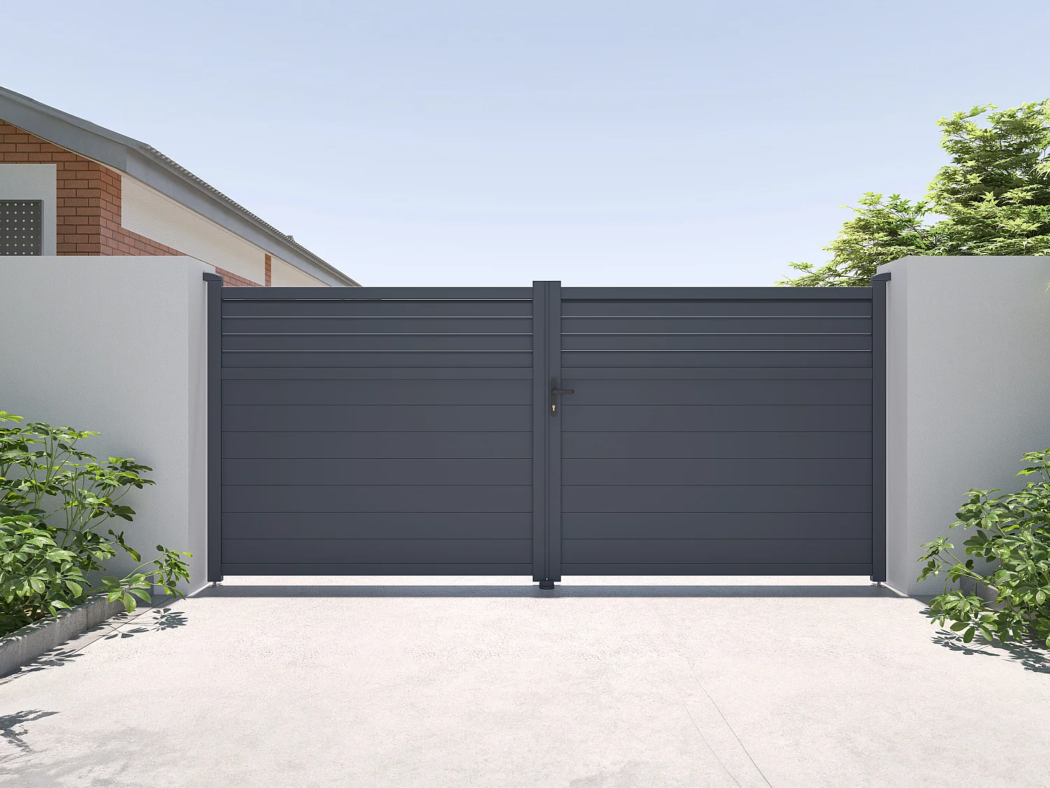 Portail battant aluminium persienné L397 x H181 cm anthracite - VIAZO