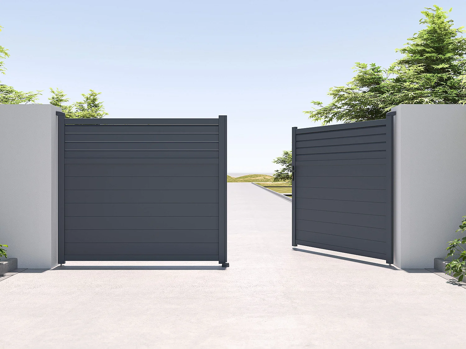 Portail battant aluminium persienné L397 x H181 cm anthracite - VIAZO