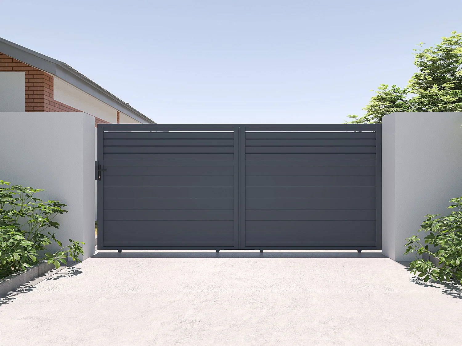 Portail coulissant aluminium persienné L416 x H180 cm anthracite - VIAZO