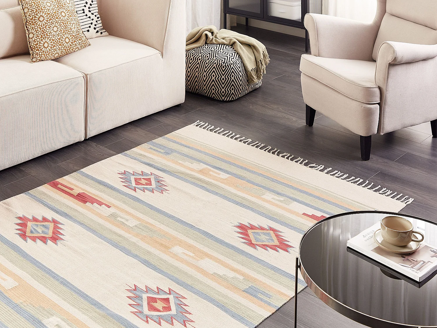 Kelim-Teppich Baumwolle bunt 140 x 200 cm handgewebt geometrisches Muster Aparan