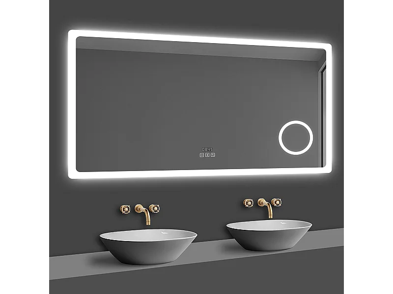 Aica Miroir Salle de Bain LED avec Bluetooth, Mural Miroir avec Horloge + 3 Couleurs + Dimmable + Anti-buée + Grossissant 3x -80 x 60cm