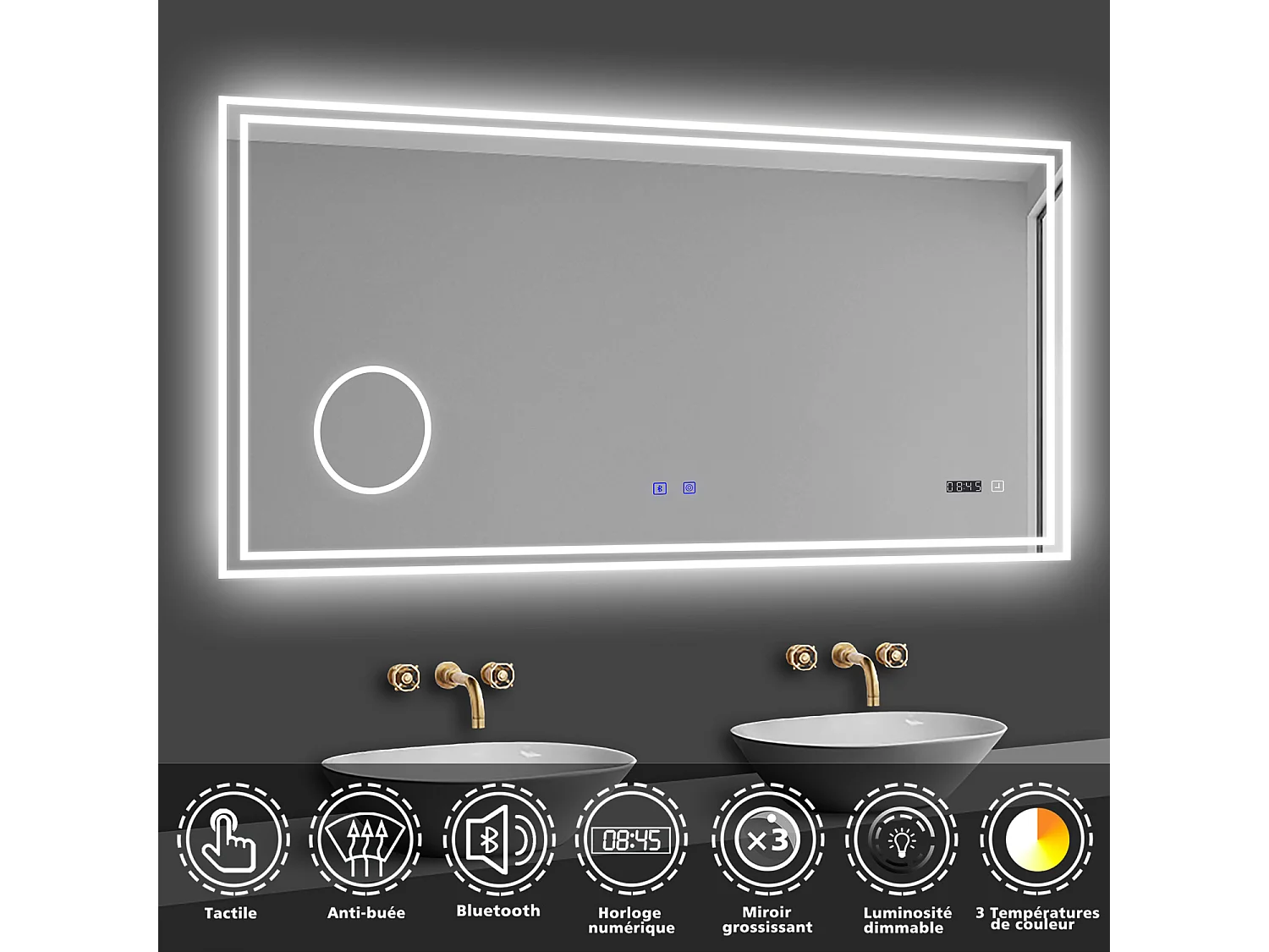 Aica Miroir de Salle de Bain LED avec Bluetooth 140 x 80cm, Miroir Lumineux avec 3 Couleurs et Anti-buée, Mural Miroir éclairé avec grossissant 3x