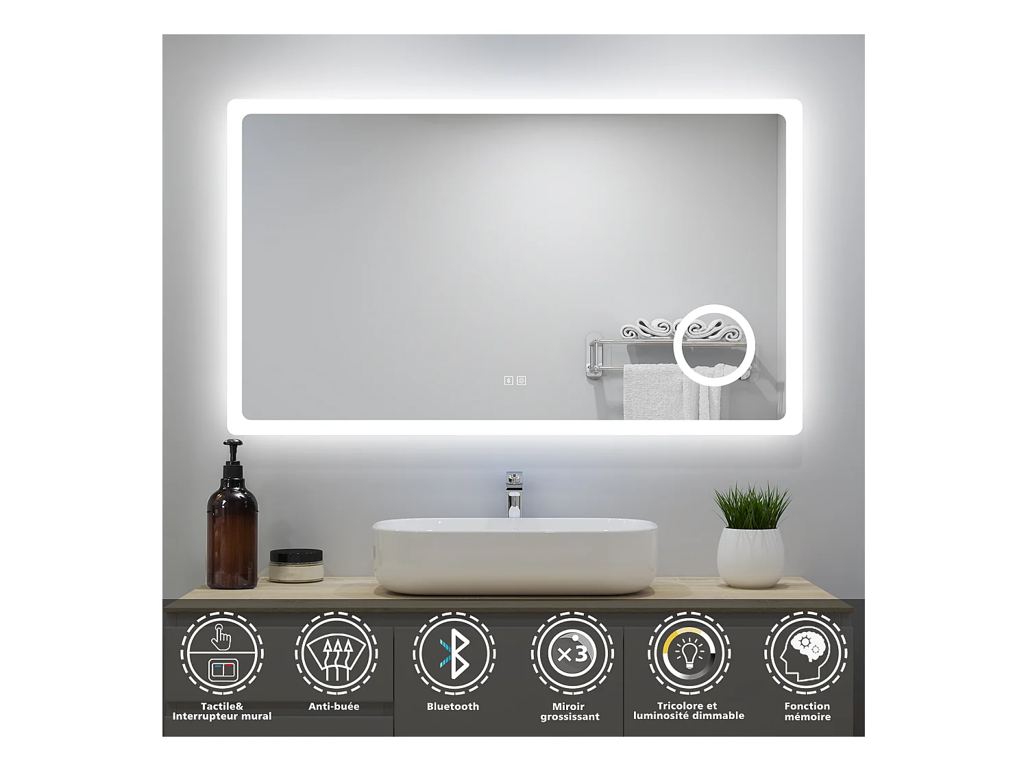Aica Miroir de Salle de Bain LED avec Bluetooth 140 x 80cm, Miroir Lumineux avec 3 Couleurs + Anti-buée + grossissant 3x，Mural Miroir