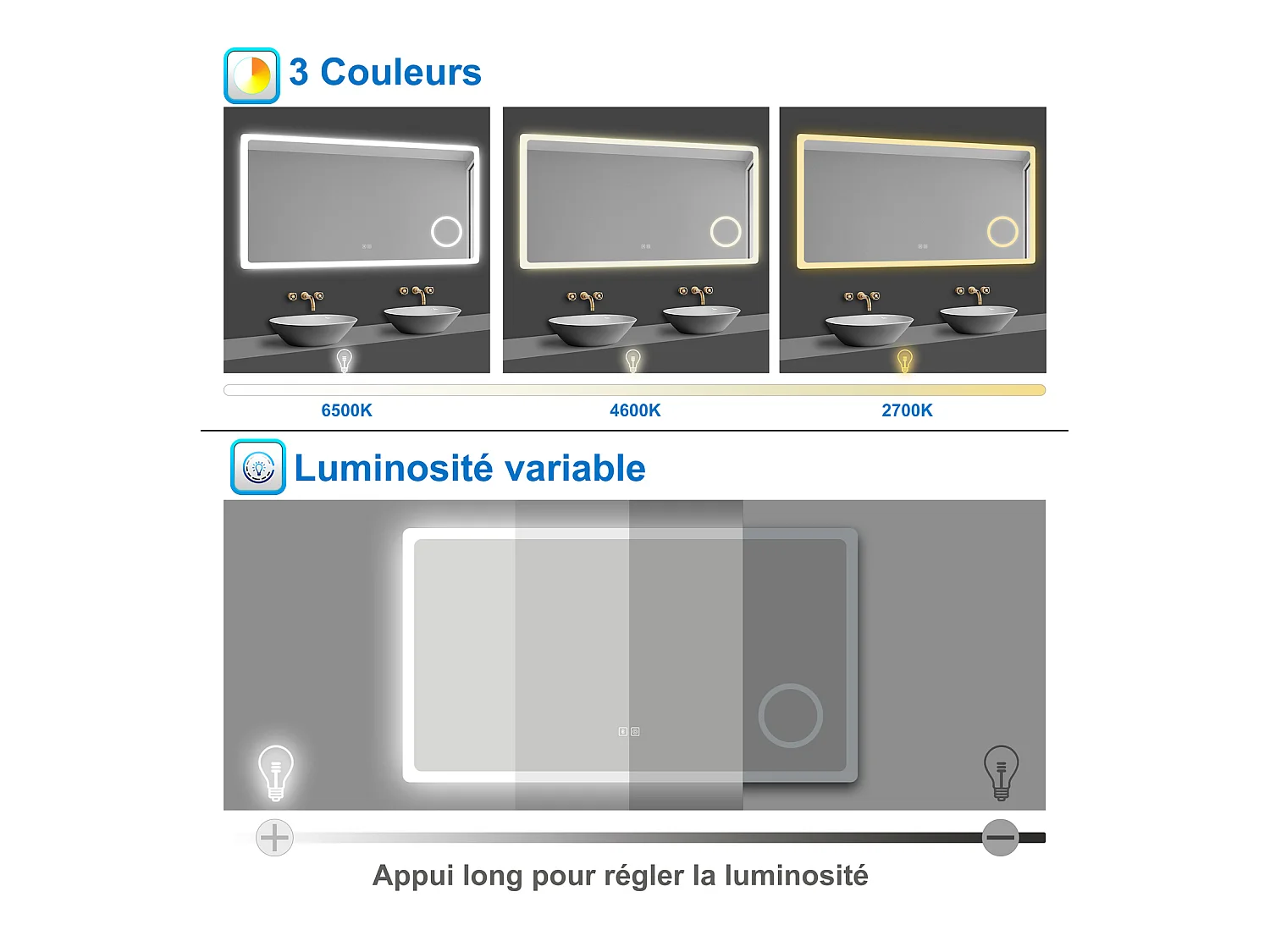 Aica Miroir de Salle de Bain LED avec Bluetooth 140 x 80cm, Miroir Lumineux avec 3 Couleurs + Anti-buée + grossissant 3x，Mural Miroir