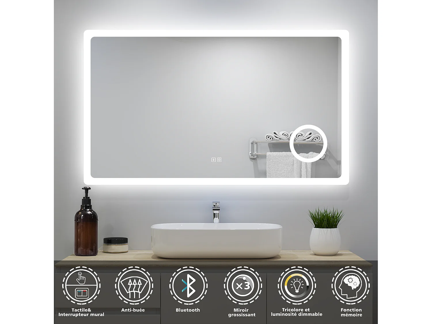 Aica Miroir de Salle de Bain LED avec Bluetooth 140 x 80cm, Miroir Lumineux avec 3 Couleurs + Anti-buée + grossissant 3x，Mural Miroir
