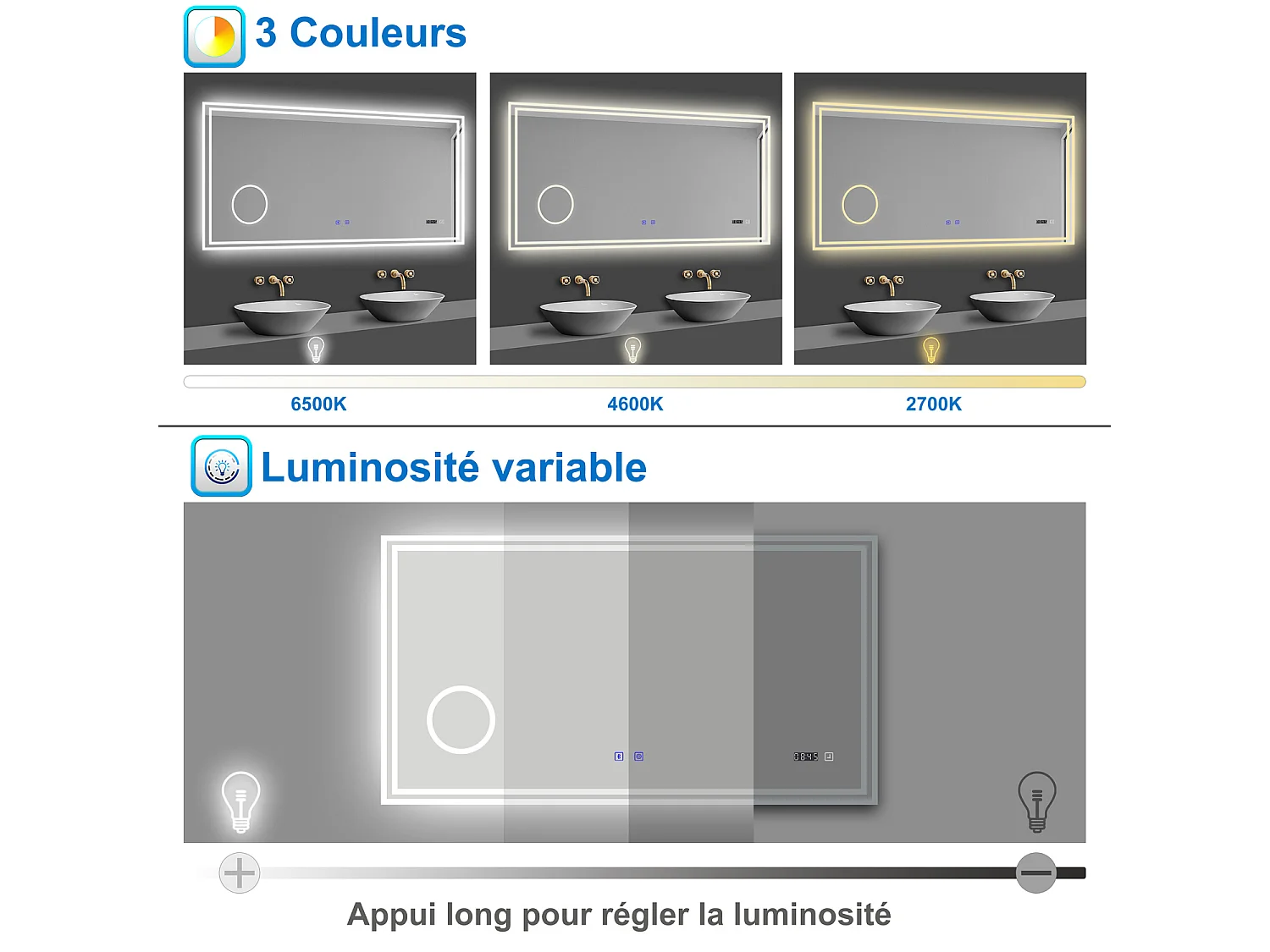 Aica Miroir de Salle de Bain LED avec Bluetooth 160 x 80cm, Miroir Lumineux avec 3 Couleurs et Anti-buée, Mural Miroir éclairé avec grossissant 3x