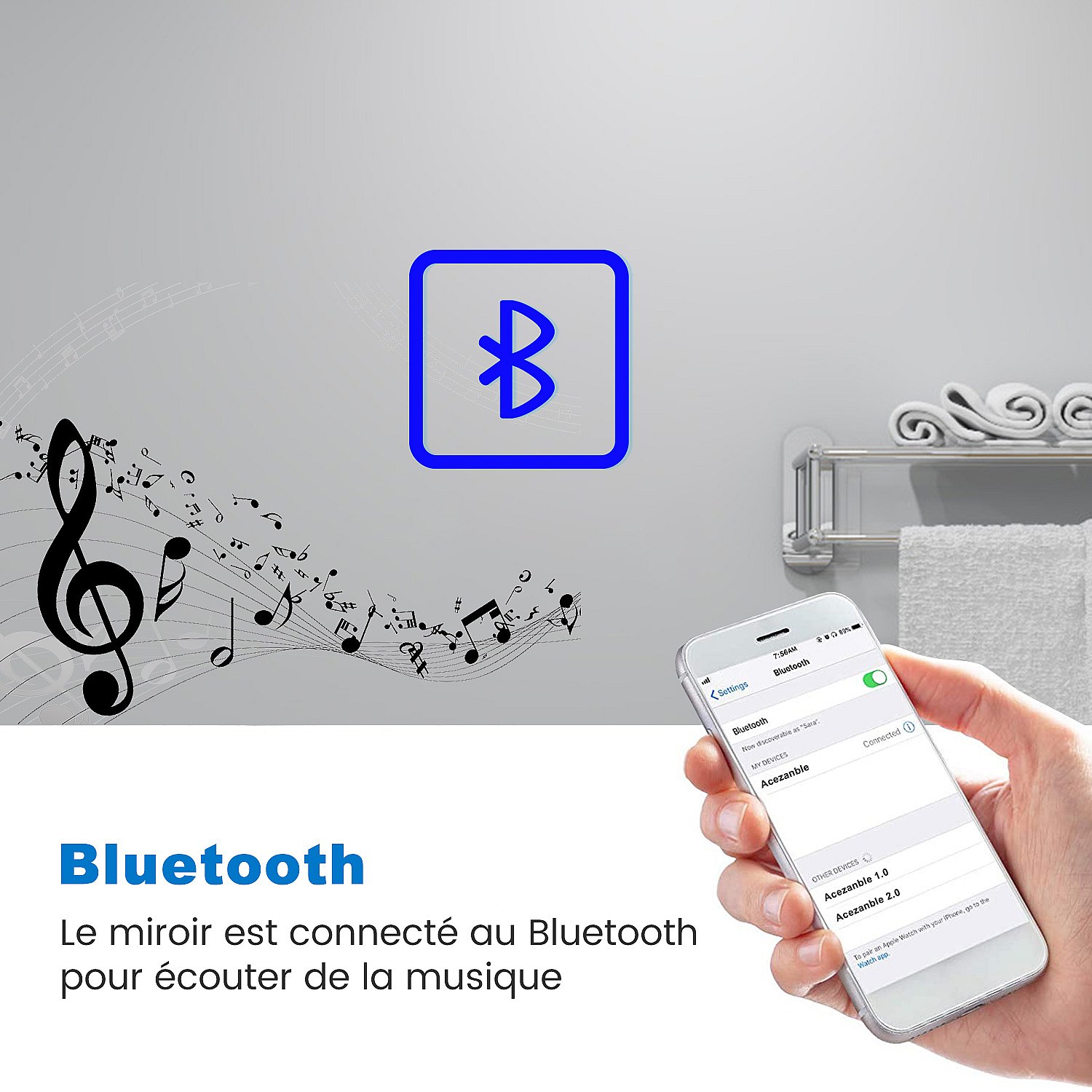 Miroir Salle De Bain LED Bluetooth 140x80 Cm - Anti-buée, Grossissant, Horloge, Dimmable